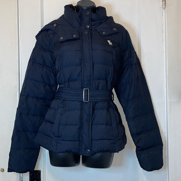 Abercrombie & Fitch Navy Blue Belted Hooded Down Puffer Jacket Size L - Picture 2 of 16